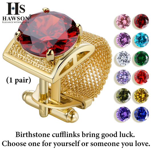HAWSON Mens Crystal Cufflinks with Chain-luxury Shiny French Shirt Cufflinks wedding business gift accessories, Birthstone cuff