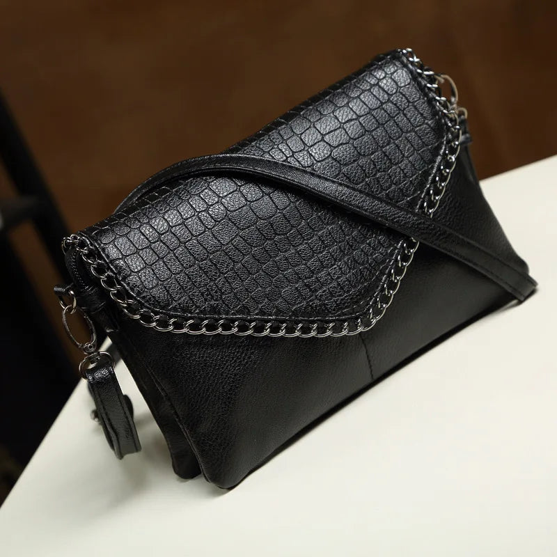 Female Shoulder Messenger Bags Casual Crossbody Bag  Black PU Leather 2024Trend Women Stone Print Chain Envelope Clutch Purses
