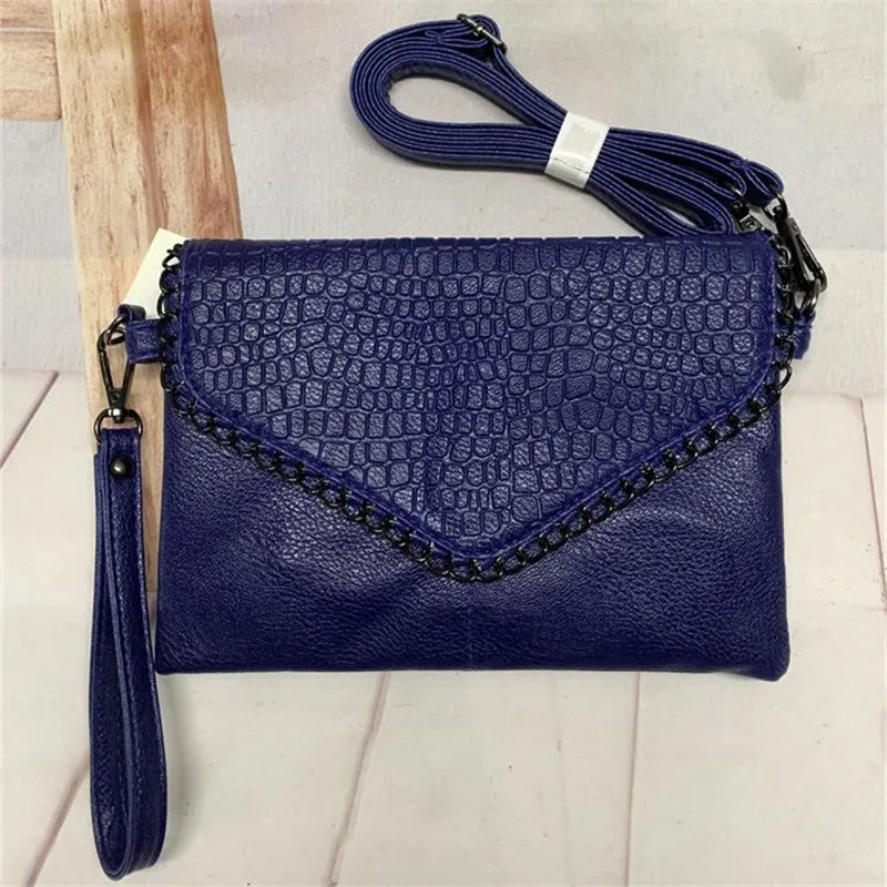 Female Shoulder Messenger Bags Casual Crossbody Bag  Black PU Leather 2024Trend Women Stone Print Chain Envelope Clutch Purses