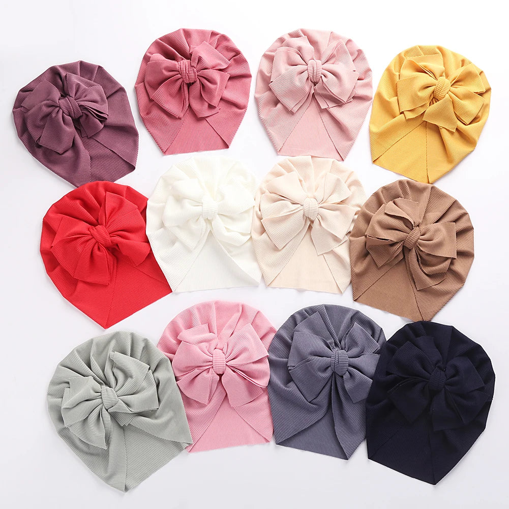 Solid Ribbed Bunny Knot Turban Hats for Baby Boys Girls Beanies Striped Thin Elastic Caps Bonnet Newborn Toddler 0-4T Headwraps