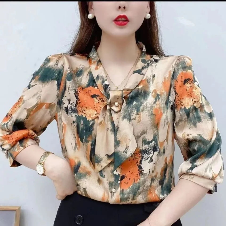 Women Spring Summer Style Chiffon Blouses Shirts Lady Casual Half Sleeve Bow Tie Collar Printed Blouses Tops DF4198