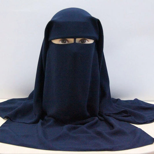 H225 Three Layers Chiffon Fabric Niqab Tie back Face Cover Muslim Hijab Scarf Headscarf only Black Color Turban Cap Bonnet