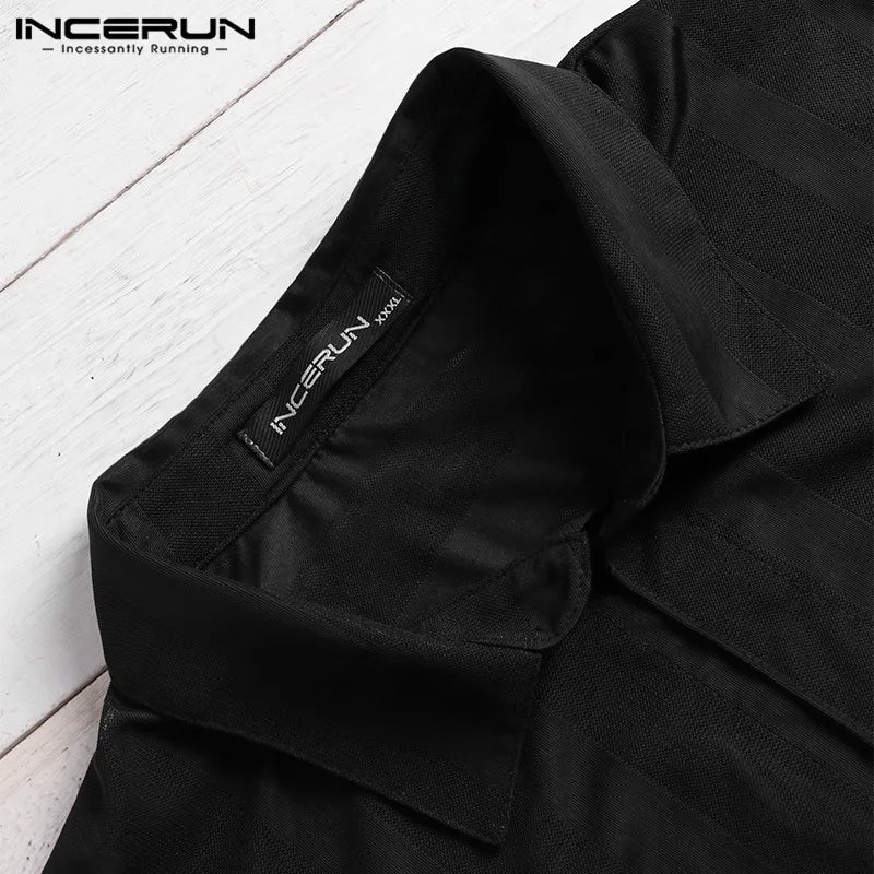 INCERUN Fashion Striped Sexy Shirt Men Transparent Short Sleeve Button Tops See Through Party Nightclub Men Shirts 2023 S-5XL