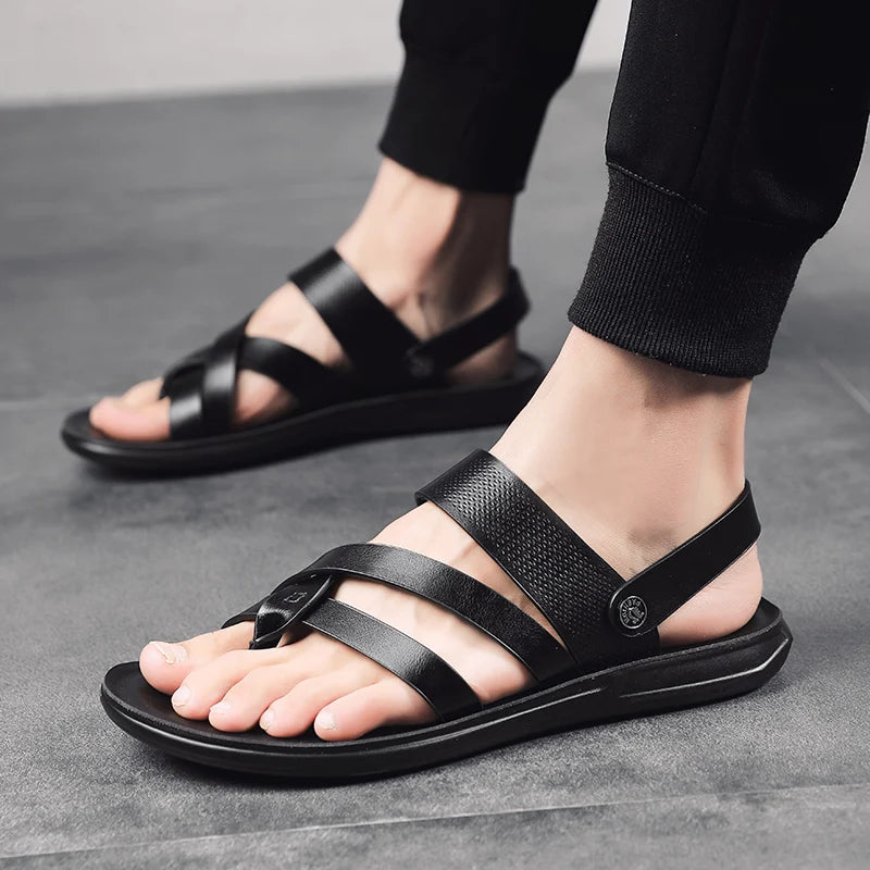 Outdoor Beach shoes men Flip Flops fashion breathable Summer Light genuine leather Casual Shoes Slides Black Sandal men