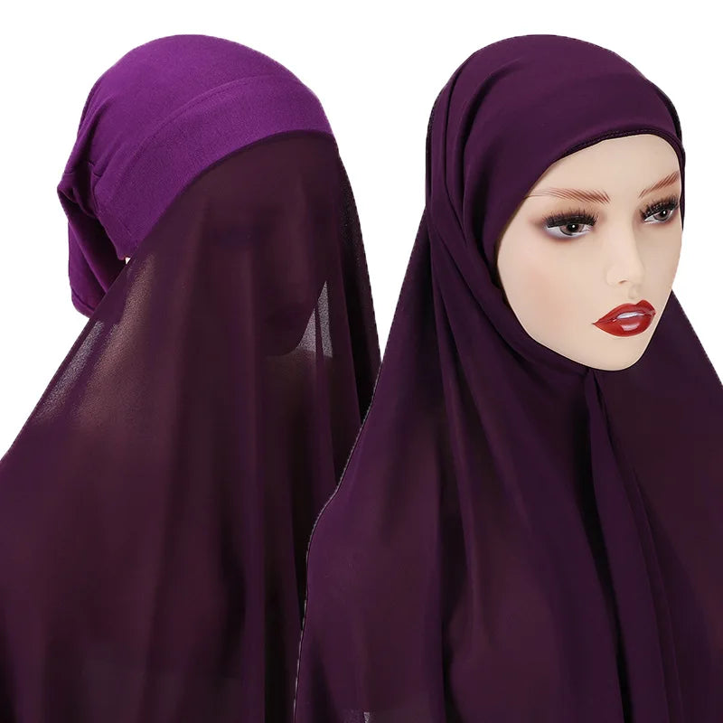 2 In 1 Chiffon Hijab Scarf With Jersey Inner Cap All In One Suit For Muslim Women Convinient Headscarf 25 New Colors
