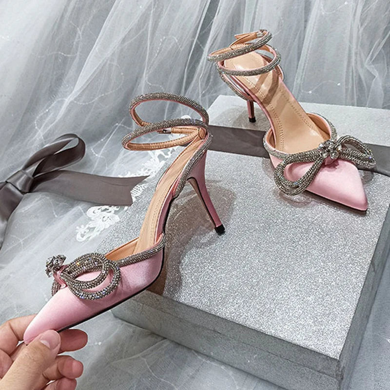 2024 New Fashion Glitter Rhinestones Women Pumps Crystal Bowknot Silk Pointed Toe Buckle Strap Thin High Heels Party Prom Shoes