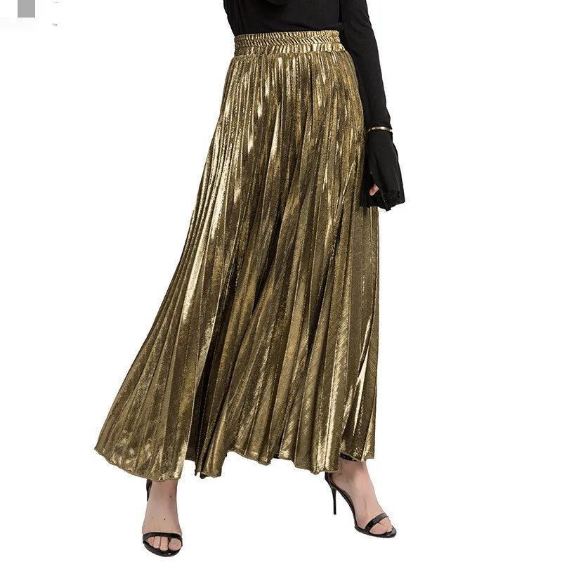 Check Skirt Pleated Maxi Skirt High Waist Harajuku Large Swing Gold Long Skirts For Women  XXL Saias