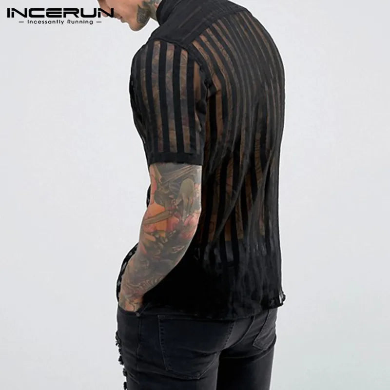 INCERUN Fashion Striped Sexy Shirt Men Transparent Short Sleeve Button Tops See Through Party Nightclub Men Shirts 2023 S-5XL