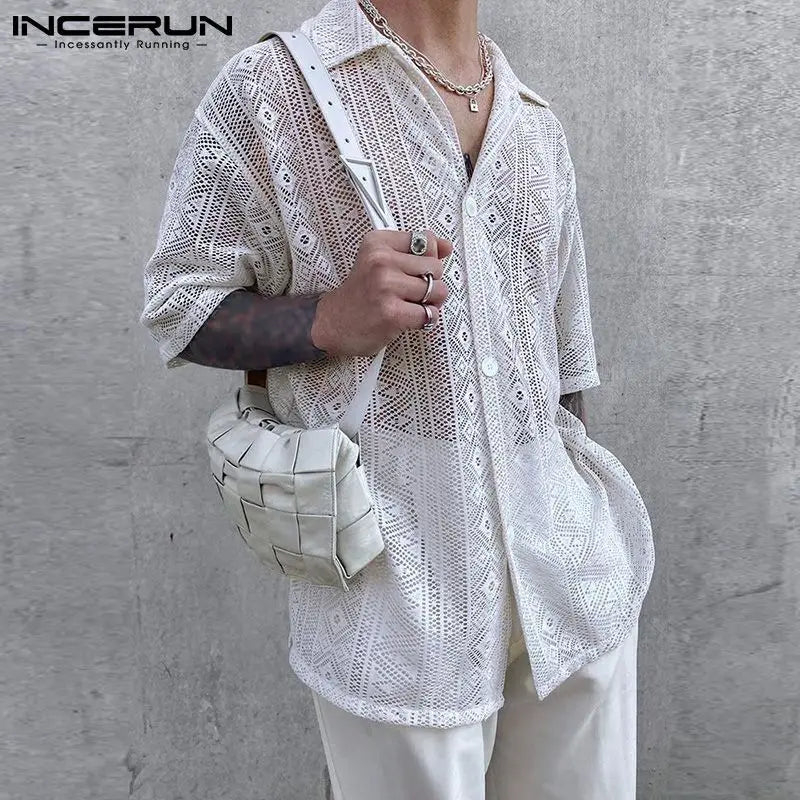 2023 Fashion Men Shirt Mesh Lace Transparent Streetwear Lapel Short Sleeve Button Camisas Party Sexy Men Clothing S-5XL INCERUN