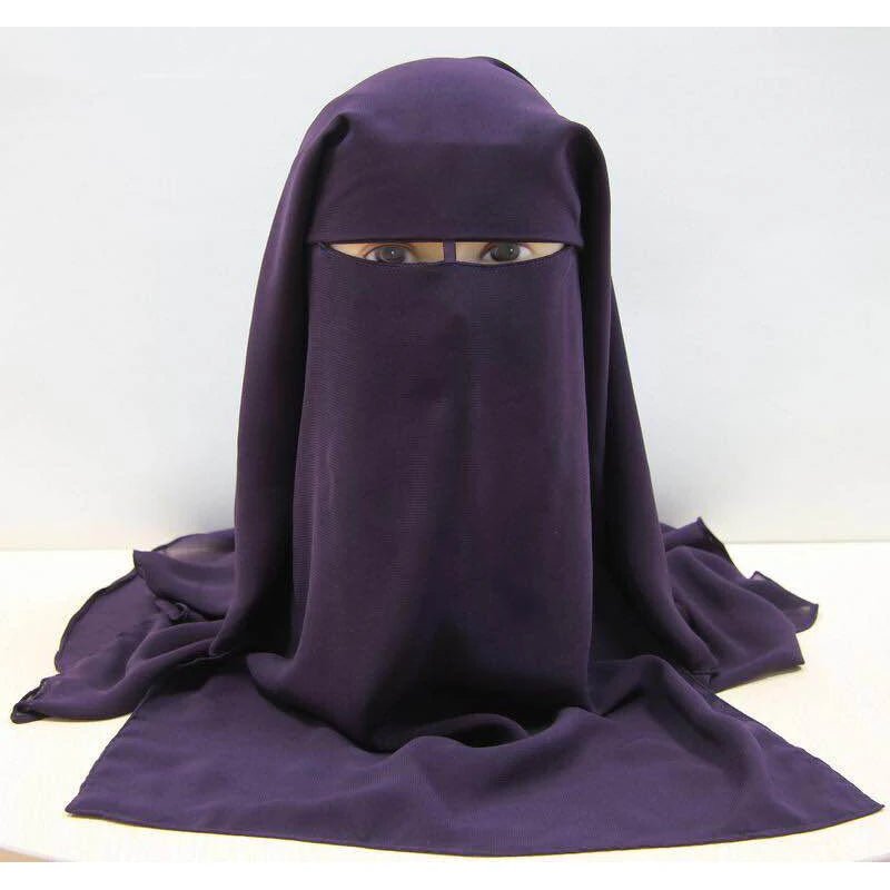 H225 Three Layers Chiffon Fabric Niqab Tie back Face Cover Muslim Hijab Scarf Headscarf only Black Color Turban Cap Bonnet