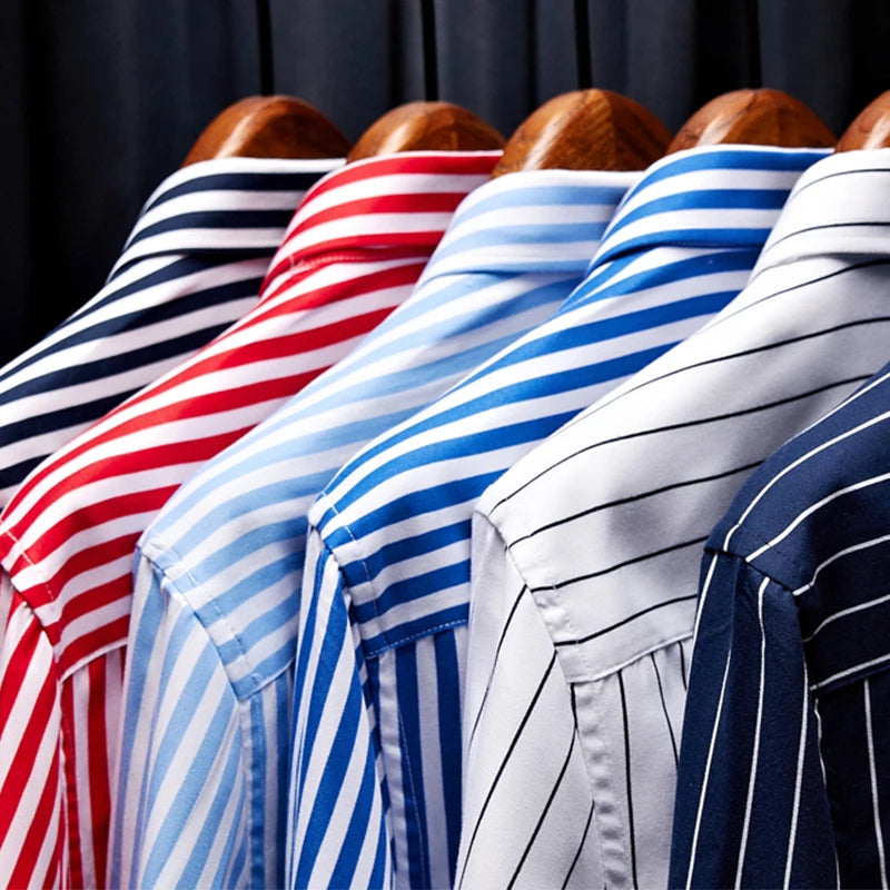 2024Mens Business Casual Long Sleeved Shirt Men M- 5XL Plus Size Shirt Classic Striped Male Social Dress Shirts Outwear