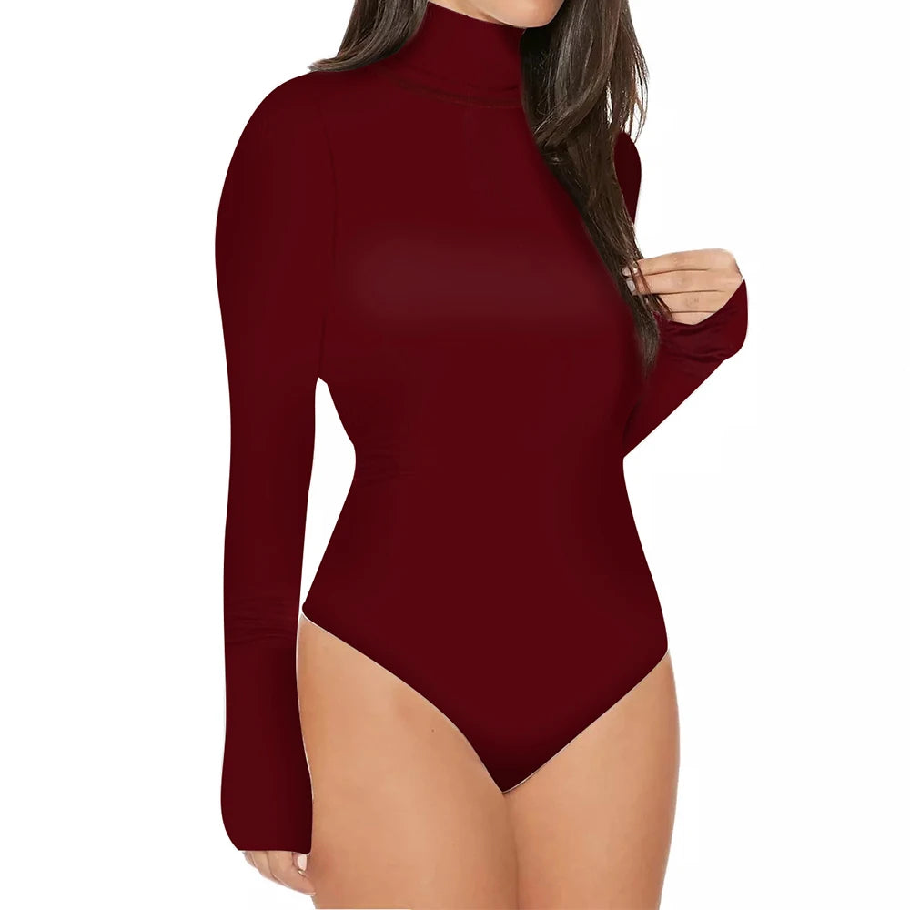 Ypser Sexy Solid Knitted Turtle Neck Skinny Warm Bodysuit Women Long Sleeve Bodycon Sheer Body Suit