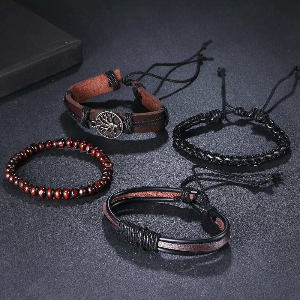 IFMIA 3/4Pcs/ Set Braided Wrap Leather Bracelets for Men Vintage Life Tree Rudder Charm Wood Beads Ethnic Tribal Wristbands