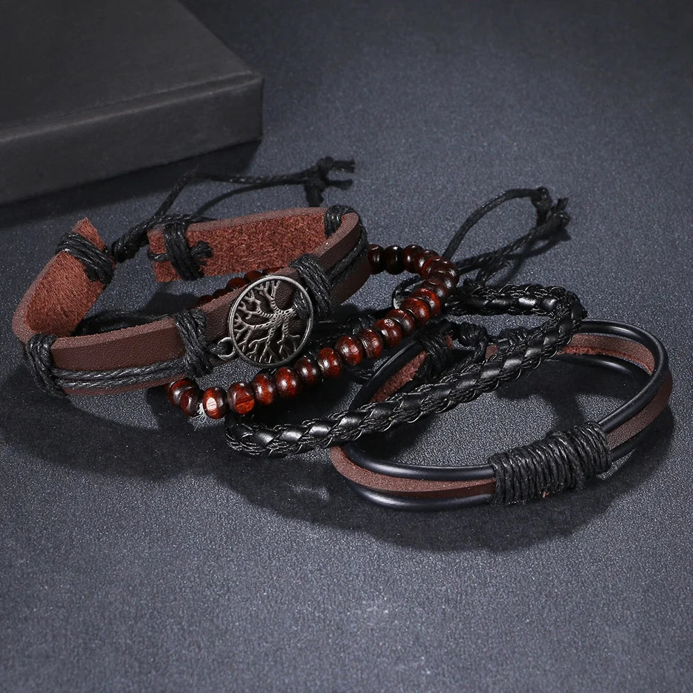IFMIA 3/4Pcs/ Set Braided Wrap Leather Bracelets for Men Vintage Life Tree Rudder Charm Wood Beads Ethnic Tribal Wristbands