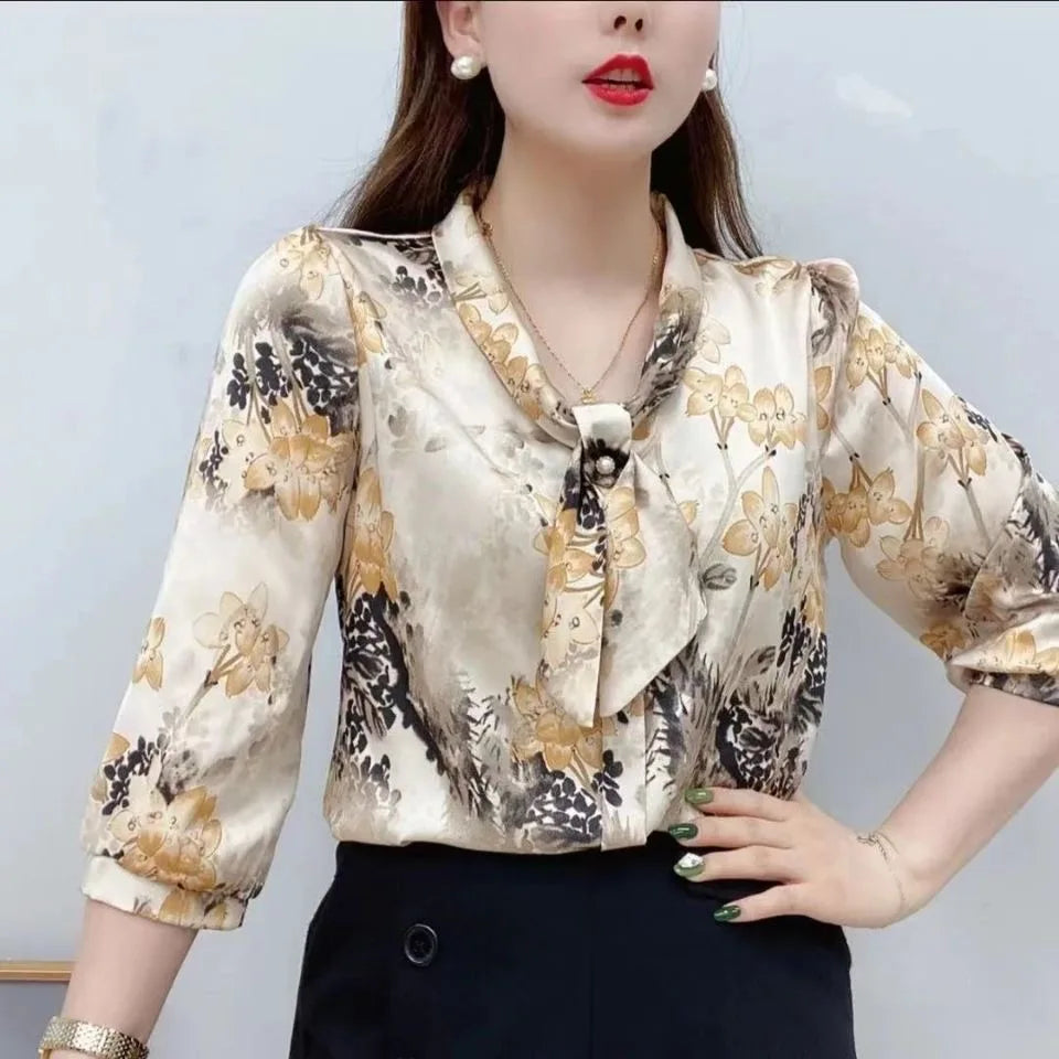 Women Spring Summer Style Chiffon Blouses Shirts Lady Casual Half Sleeve Bow Tie Collar Printed Blouses Tops DF4198