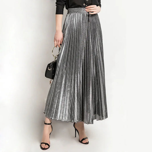 Check Skirt Pleated Maxi Skirt High Waist Harajuku Large Swing Gold Long Skirts For Women  XXL Saias