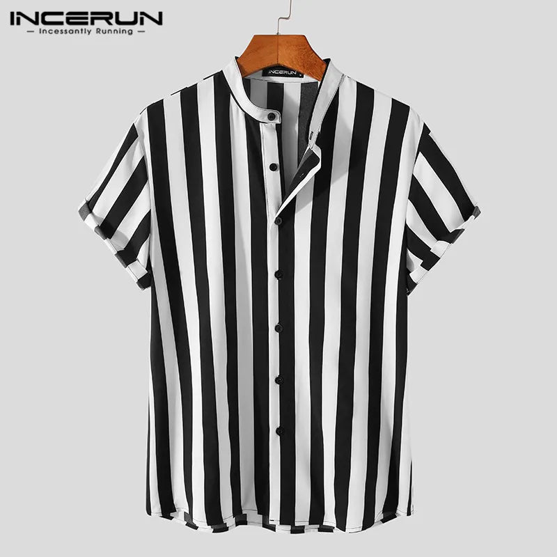 INCERUN Men Striped Shirt Stand Collar Short Sleeve Casual Men Clothing Harajuku Streetwear Summer 2023 Leisure Shirts S-5XL