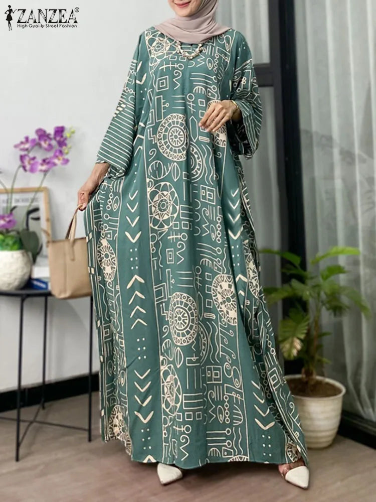 Women Muslim Fashion Dress Bohemain Printing Maxi Long Vestidos 2024 ZANZEA Dubai Robe Turkey Abaya Casual Long Sleeve Kaftan