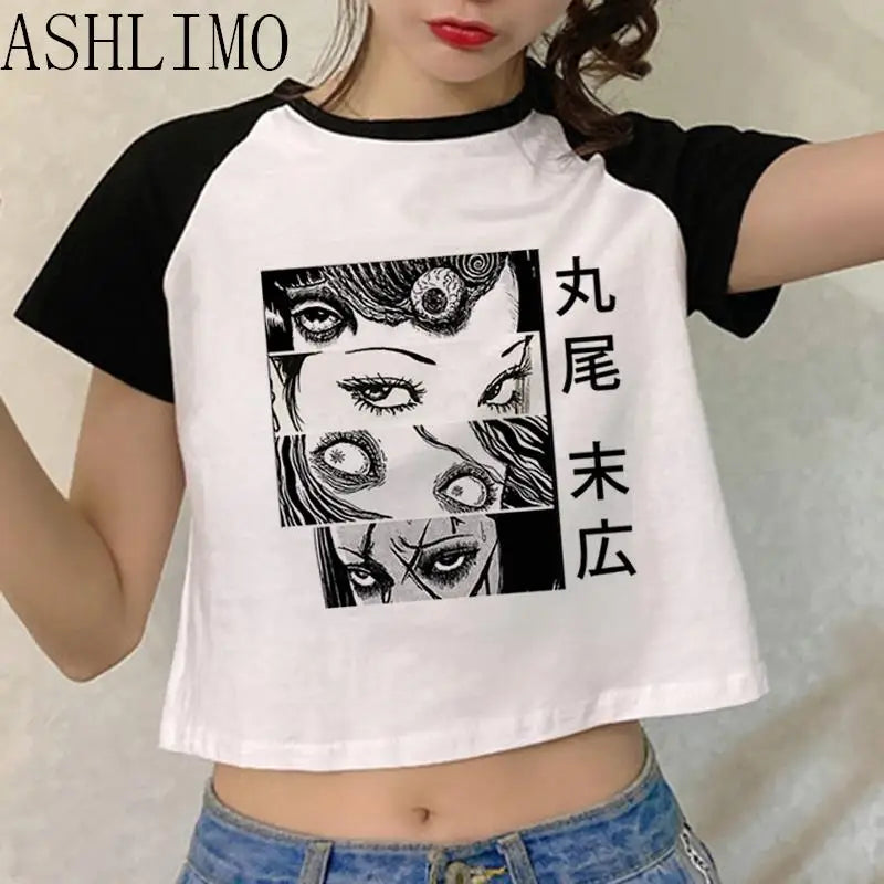 New Anime Ito Junji T-shirt Women Harajuku Kawaii Korea Casual Kawaii Crop Tops Y2K T-shirt White Patchwork T Shirt