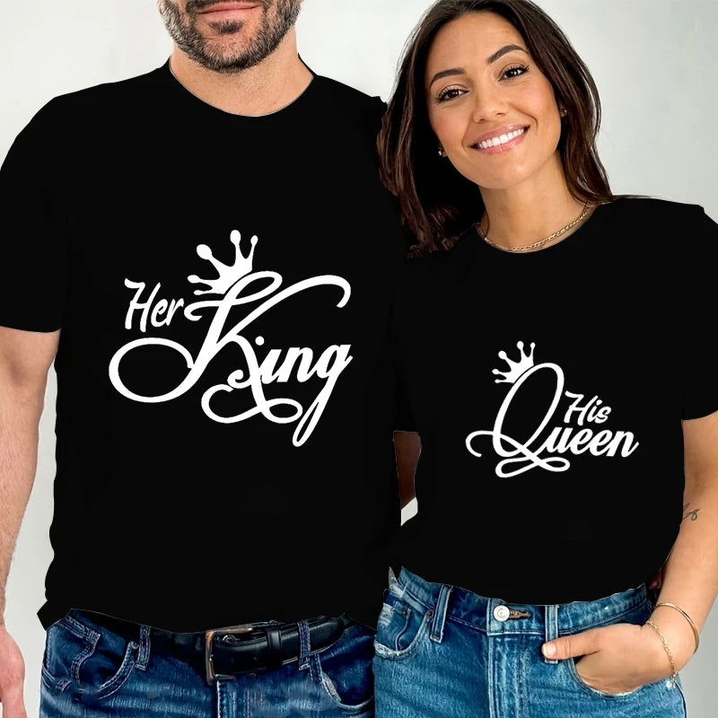 Her King His Queen Print Couple Matching T-Shirts Men Women Funny Crown Pattern Shirt Short Sleeve Summer Fashion Couple Tshirt