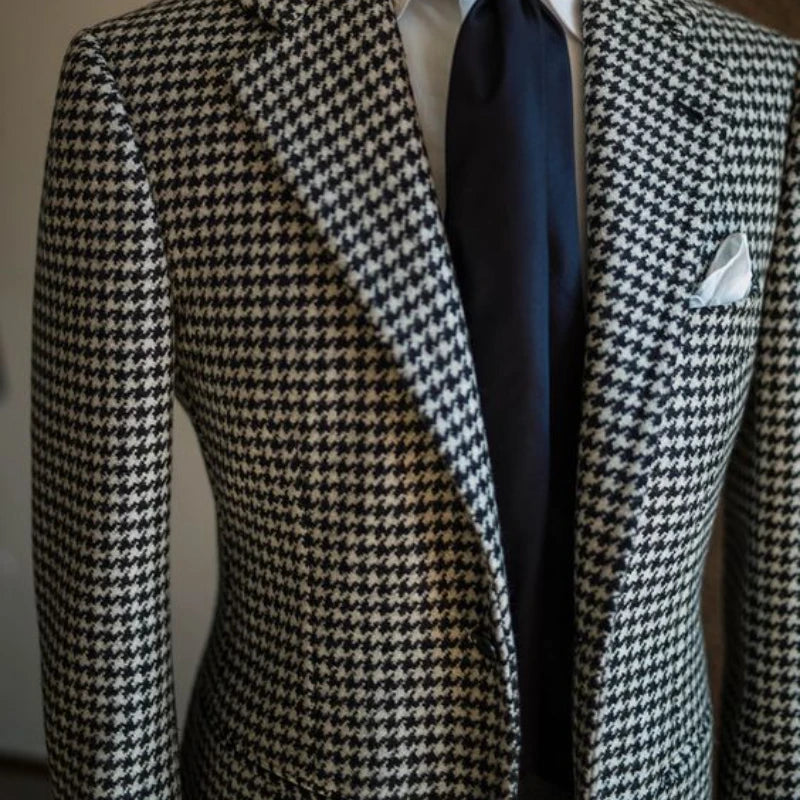 Houndstooth Business Blazer for Men 2023 Plaid Notched Lapel Suit Jacket Formal Male Fashion Coat