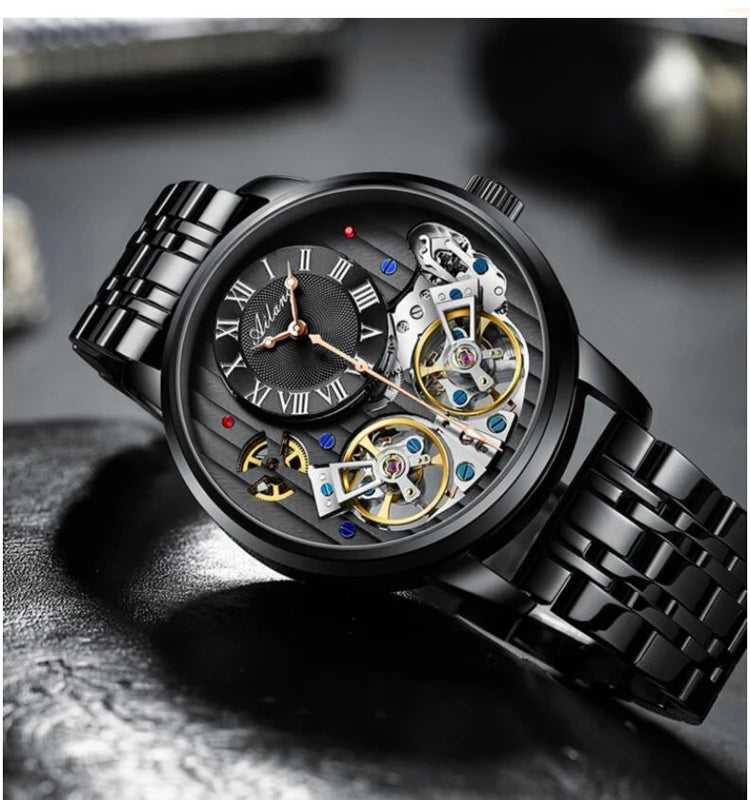 AILANG Top Brand Luxury Watch Men Automatic Luminous Black Clock Men Double Tourbillon Waterproof Mechanical Watch Relogio