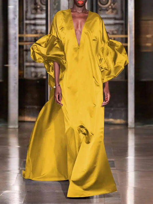 VONDA Elegant Satin Party Maxi Dress 2024 Women Lantern Sleeve Solid Evening Sundress Casual Loose V-Neck Bohemian Robe