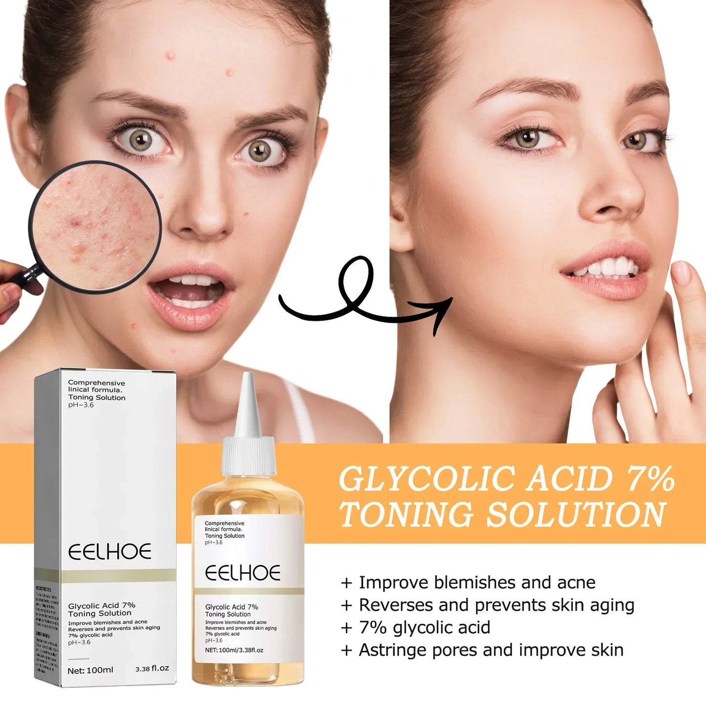 EELHOE The Glycolic Acid 7% Toning Solution 100ml Shrink Pores Repair Facial Oil Nourish Gentle Glycolic Acid Toner Face Essence