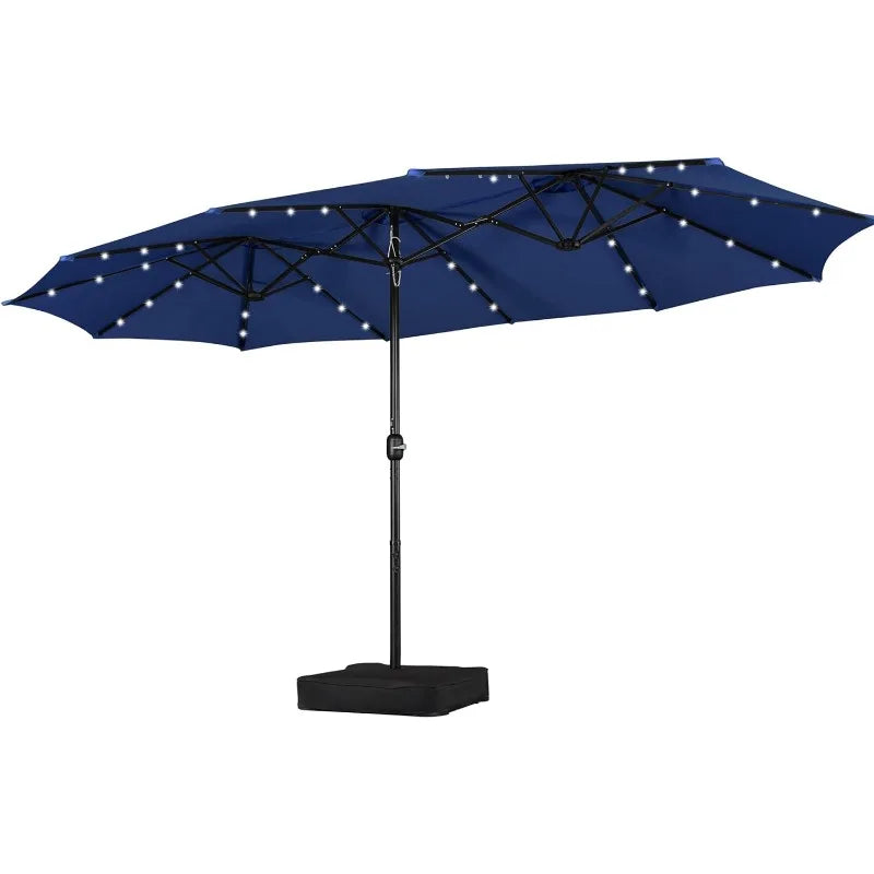 15 ft Large Patio Umbrella with Solar Lights Double-Sided Outdoor Rectangle Market Umbrellas with 36 LED Lights/Base