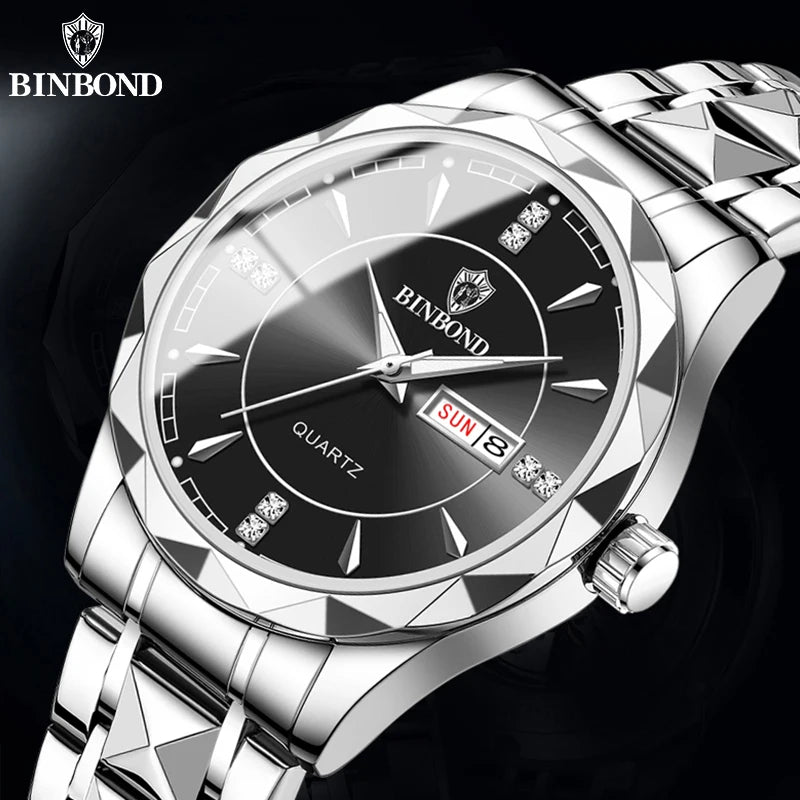 BINBOND B5552 Lnternational Fashion Brand Men Watch Sports Military Steel Band 50M Waterproof Luminous Men Business Wristwatches