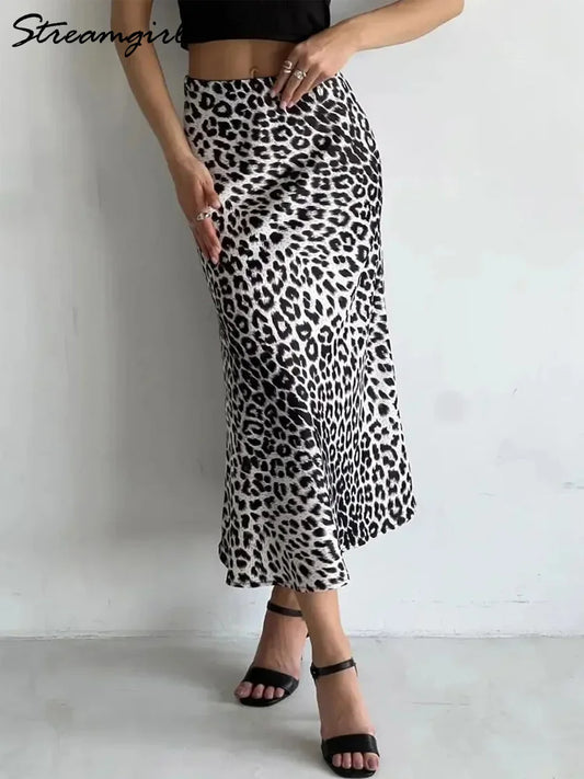 Streamgirl Summer Fishtail Leopard Skirt Women Satin Long High Waist Vintage Slim Long Satin Skirts Women Slim Elegant 2024