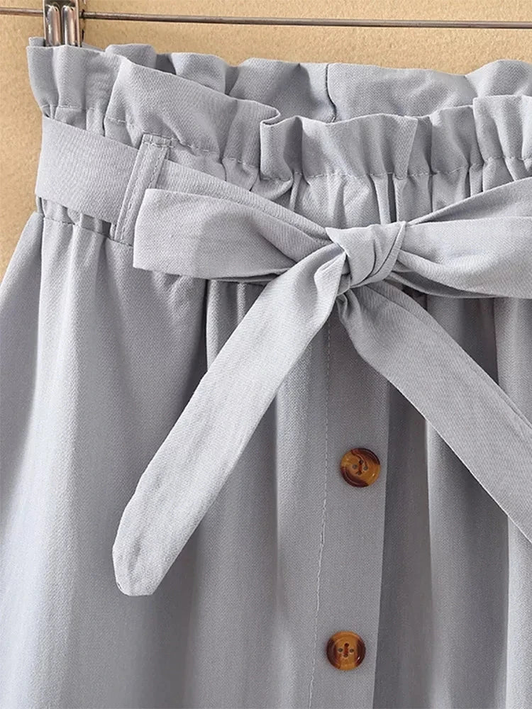 Summer Autumn Skirts Womens Midi Knee Length Korean Elegant Button High Waist Skirt Female Pleated School Skirt