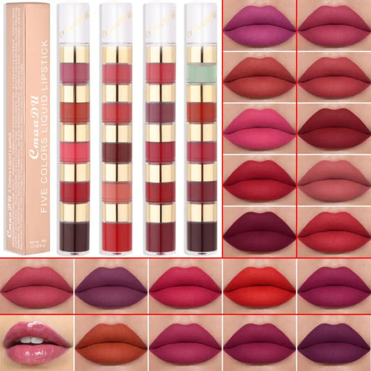 5 In 1 Matte Lipstick Kit Waterproof Nude Combination Lipgloss Long Lasting Velvet Red Show Complexion Sexy Lip Tint Cosmetic