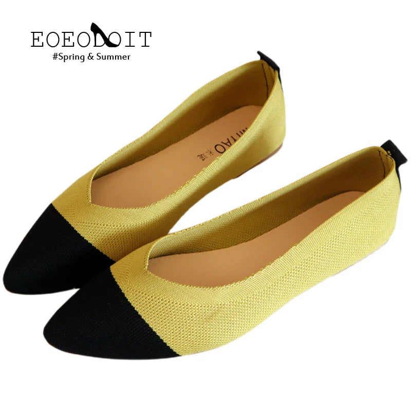 Women’s Ballet Flats Knits  Shoes Pointed Toe Patchwork Slip On Ballerina Walking Flats Shoes Woman