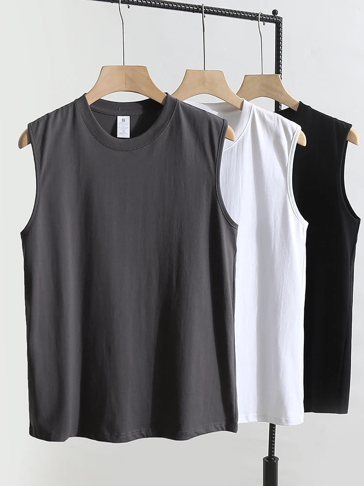 2024 New Summer Men Tank Tops Korean Fashion O-Neck Sleeveless T-shirt Solid Cotton Basic Vest Tee Sports Loose Gym Tops