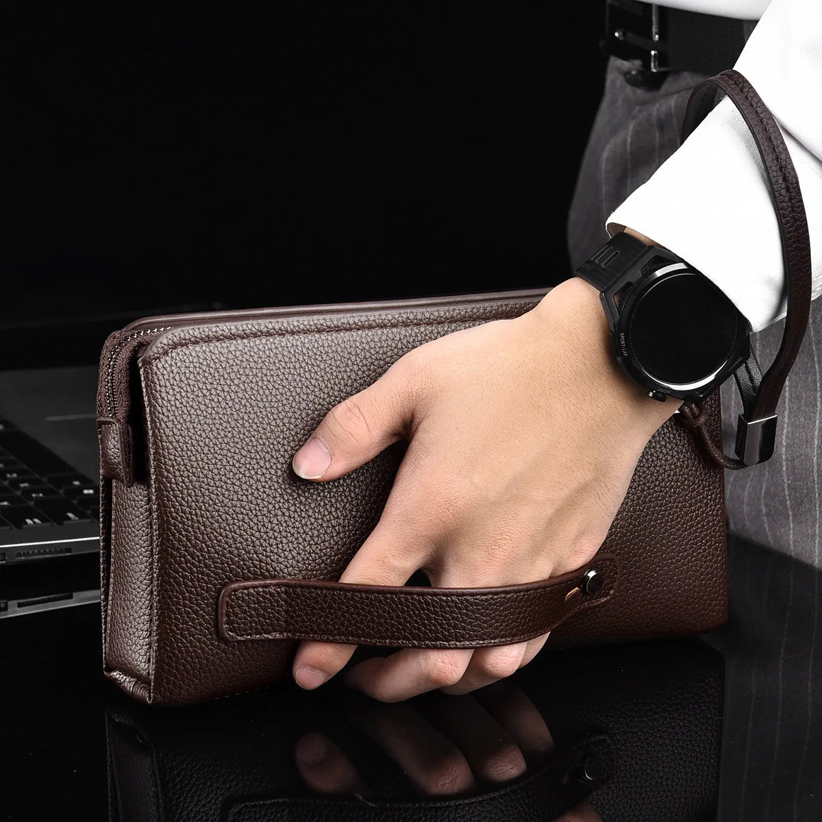 Men Business Black Clutch Bag Solid Color Fashion Brand PU Leather Men Wallet High End Clutch Bags Business Travel New Man Bag