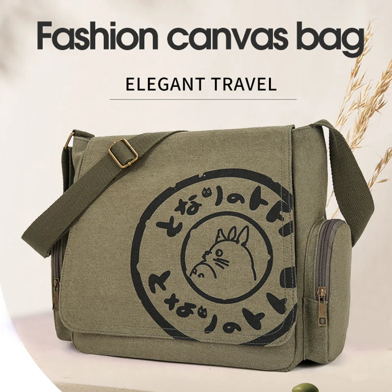 Vintage Cartoon Women Canvas Messenger Bag Large Capacity Tote Bag Women Shoulder Handbag
