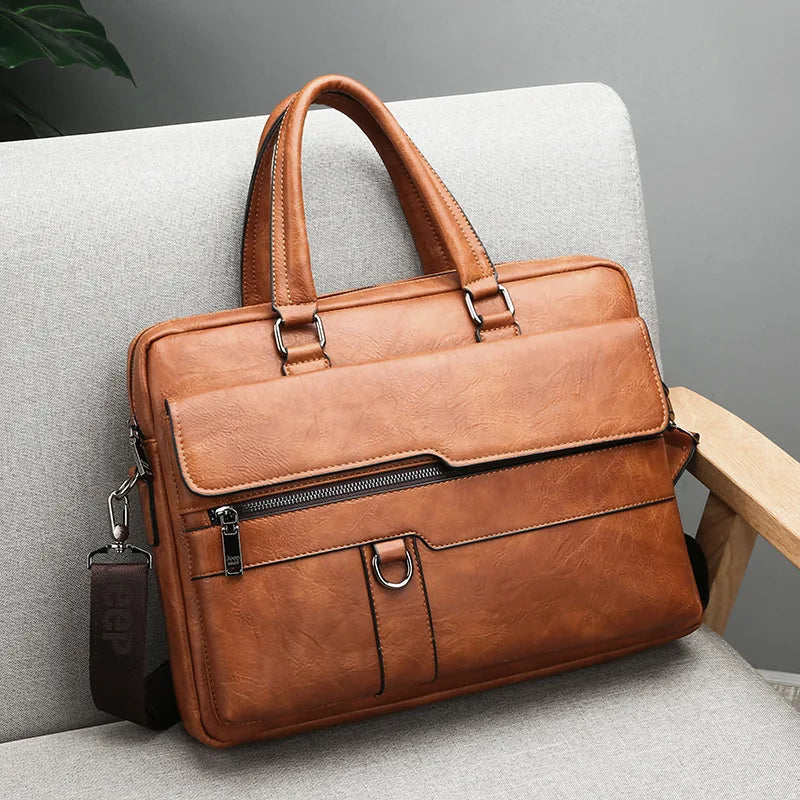 Luxury Briefcase for Men PU Leather Office Handbag Laptop Vintage Shoulder Business Messenger Crossbody Side Portafolio Bag