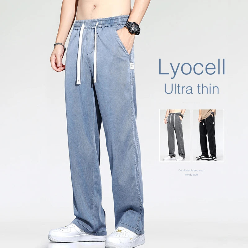 Summer Thin Loose Wide-leg Men Jeans Soft Lyocell Elastic Fashion Casual Straight Drawstring Denim Trousers Black Blue Gray