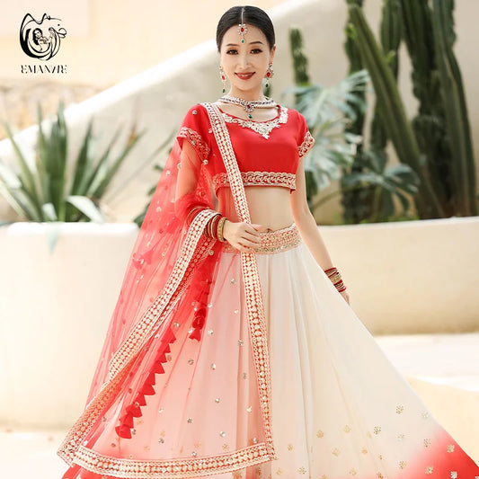 Traditional Dress Indian Dance Dress Ethnic Style Women's Sari Dance Dress Scarf Top Large Swing Skirt Lengha Set Indian Saree
