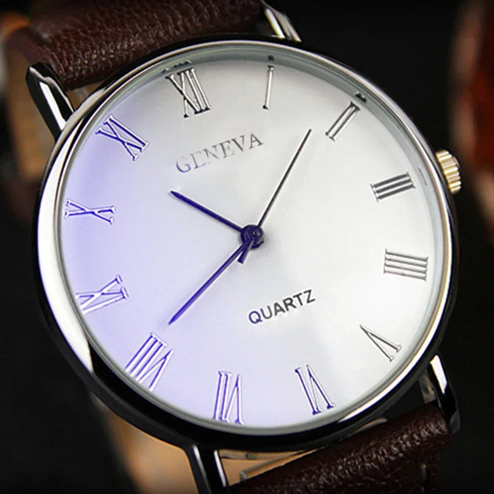 Hot Sale New 2024  Geneva Men Watch Roman Numerals Blu-Ray Faux Leather Band Quartz Analog Business WristWatch