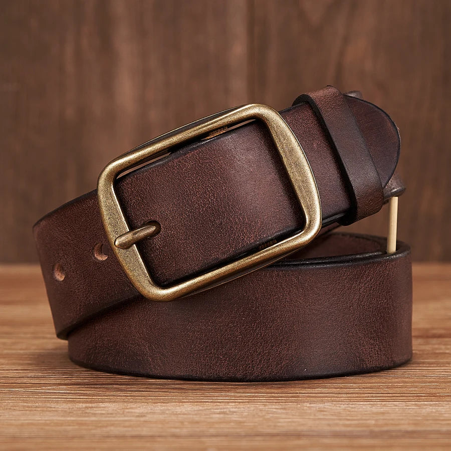 Thick Cowhide Copper Pin Buckle Real Genuine Leather Belt For Jeans Fashion Casual Belt Men Waistband Retro Luxury Male Strap