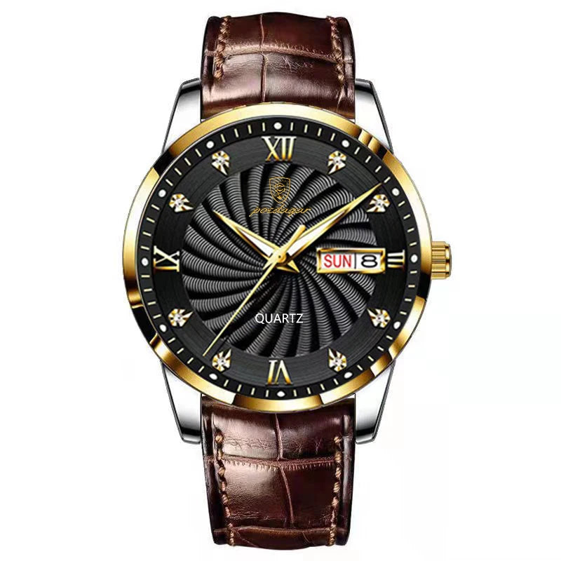 POEDAGAR Business Mens Watches Waterproof Sport Casual Genuine Leather Strap Calendar Quartz Wristwatch For Man Luminous Clocks