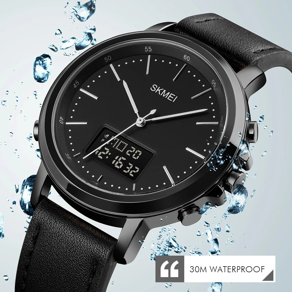 SKMEI 1652  reloj hombre Dual Display Casual Watches Men Chrono Alarm Digital Mens Wristwatch Leather Strap Waterproof Watch