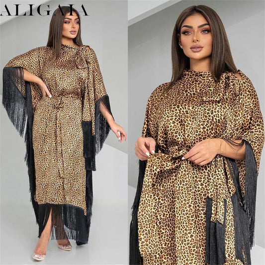 Aligaia Women Kaftan Dubai Fashion Batwing Sleeve Tassel Evening Party Abayas Saudi Leopard Belted Dress Shalwar Kameez Moroccan
