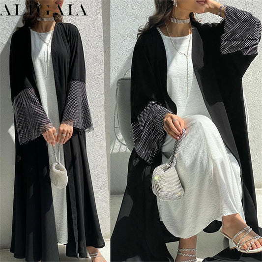 Aligaia Women Robe Muslim Ramadan Eid Black Open Kimono Abaya Elastic Drilling Net Shalwar Kameez Casual Loose Moroccan Gulf