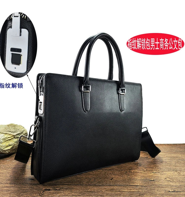 Fingerprint Lock Leather Business Briefcase,15.6" Laptop Compartment Waterproof Anti-theft Bag for Man Woman