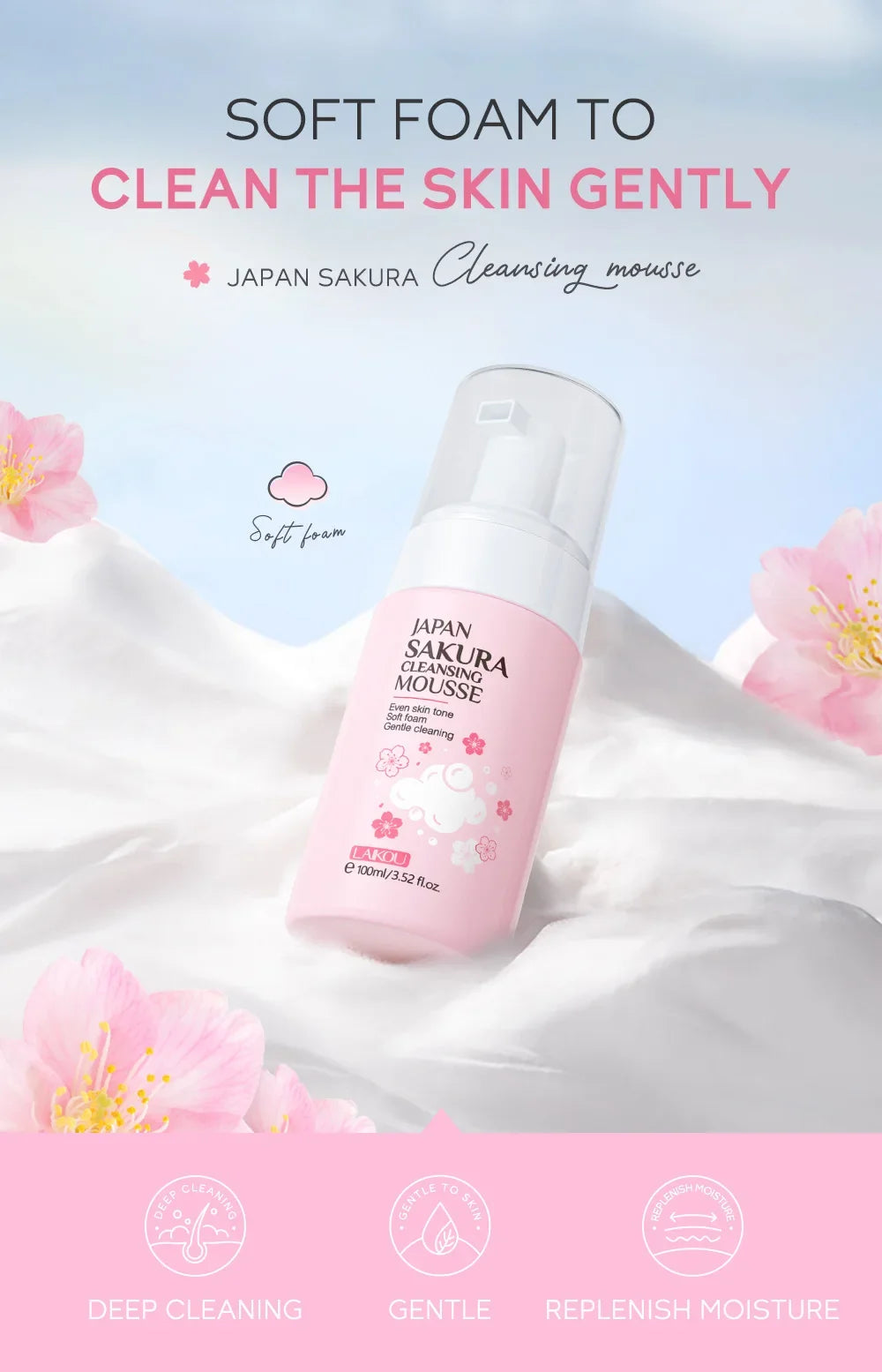 LAIKOU Cherry Blossom Women Facial Cleanser  Face Korean Skin Care Products Original Products 100ml