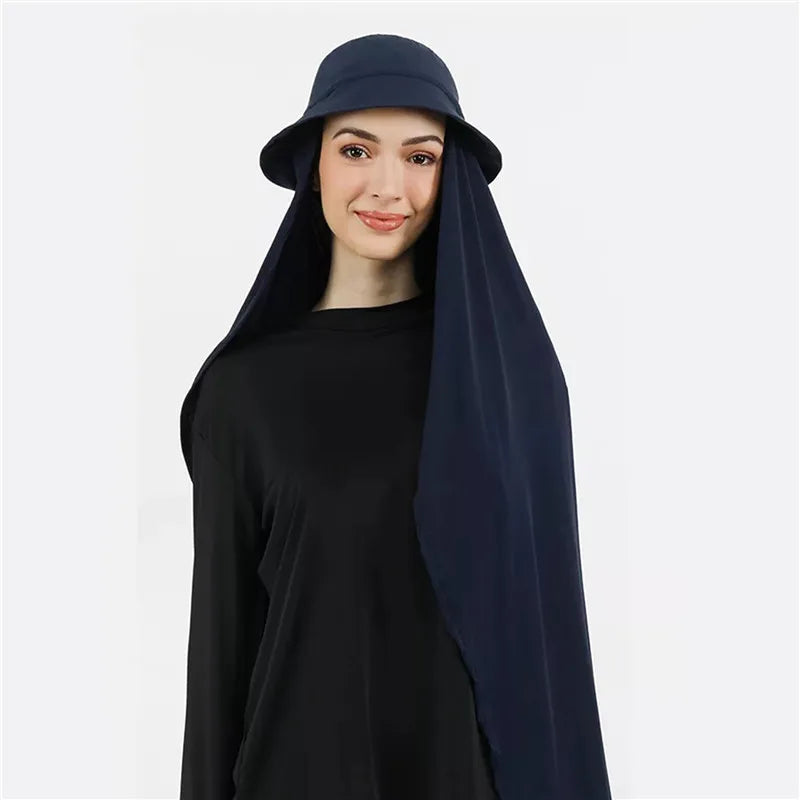 New Muslim Women Bucket Hat With Chiffon Hijabs Summer Sports Cap With Hijab Ready To Wear Instant Hijab Islam Headscarf