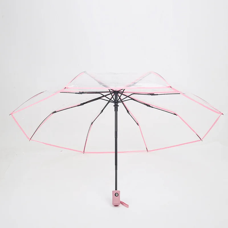 Transparent Fully Automatic Umbrella Women's Folding Lightweigh Rain Umbrella For Travel Outdoor Beach Durable Triple Folding